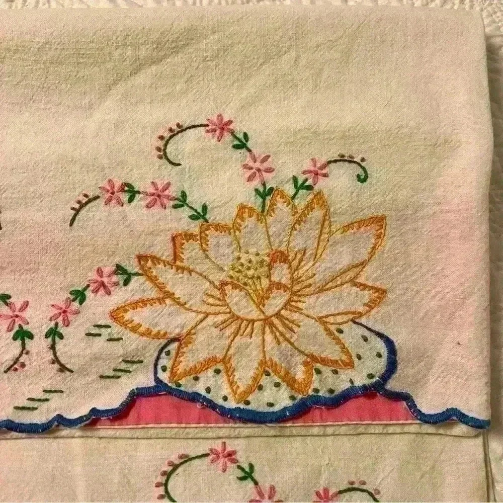 Set of 2 vintage handmade embroidered flour sack pillowcases lotus flower
